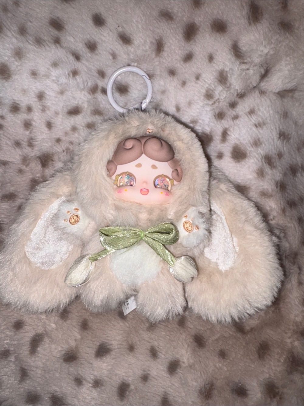 Lucky Deer Nai Pendant Beige Bunny Charm with Green Bow
